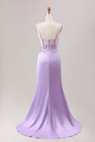 Sage Green Mermaid Sequin Corset Applique Prom Dress with High Slit