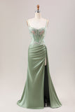 Sage Green Mermaid Sequin Corset Applique Prom Dress with High Slit