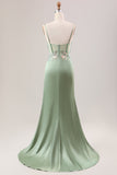 Sage Green Mermaid Sequin Corset Applique Prom Dress with High Slit