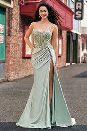 Sage Green Mermaid Sequin Corset Applique Prom Dress with High Slit