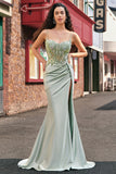 Sage Green Mermaid Sequin Corset Applique Prom Dress with High Slit