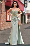 Sage Green Mermaid Sequin Corset Applique Prom Dress with High Slit