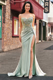 Sage Green Mermaid Sequin Corset Applique Prom Dress with High Slit