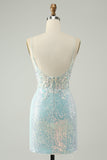Sparkly Light Blue Spaghetti Straps Tight Short Prom Dress with Slit