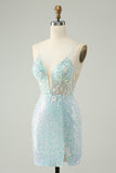 Sparkly Light Blue Spaghetti Straps Tight Short Prom Dress with Slit
