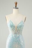 Sparkly Light Blue Spaghetti Straps Tight Short Prom Dress with Slit
