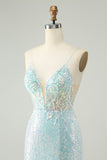 Sparkly Light Blue Spaghetti Straps Tight Short Prom Dress with Slit