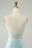 Sparkly Light Blue Spaghetti Straps Tight Short Prom Dress with Slit