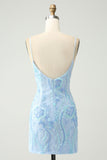 Light Blue Spaghetti Straps Tight Short Prom Dress with Sequins