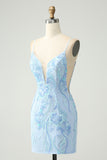 Light Blue Spaghetti Straps Tight Short Prom Dress with Sequins