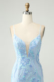Light Blue Spaghetti Straps Tight Short Prom Dress with Sequins