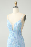 Light Blue Spaghetti Straps Tight Short Prom Dress with Sequins
