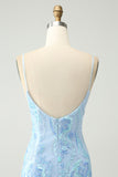 Light Blue Spaghetti Straps Tight Short Prom Dress with Sequins