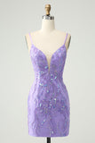 Sparkly Purple Spaghetti Straps Tight Short Prom Dress with Sequins