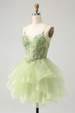 Puffy Light Green A-Line Tulle Tiered Backless Prom Dress with Appliques