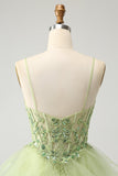 Puffy Light Green A-Line Tulle Tiered Backless Prom Dress with Appliques