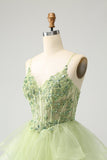Puffy Light Green A-Line Tulle Tiered Backless Prom Dress with Appliques