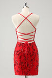 Sparkly Floral Red Tight Short Prom Dress with Sequins