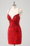 Sparkly Floral Red Tight Short Prom Dress with Sequins