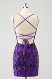 Sparkly Purple Spaghetti Straps Tight Short Prom Dress with Appliques