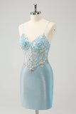 Delicate Light Blue Spaghetti Straps Tight Satin Short Prom Dress with Sequins