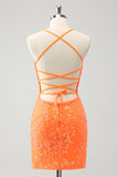 Sparkly Orange Lace-Up Back Tight Short Prom Dress with Sequins