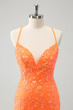Sparkly Orange Lace-Up Back Tight Short Prom Dress with Sequins