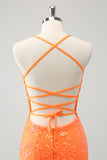 Sparkly Orange Lace-Up Back Tight Short Prom Dress with Sequins