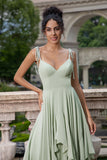 Matcha A-Line Spaghetti Straps Chiffon Bridesmaid Dress with Ruffles