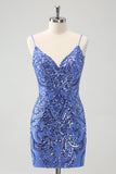 Blue Spaghetti Straps Backless Tight Cocktail Dress with Sequins
