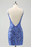 Blue Spaghetti Straps Backless Tight Cocktail Dress with Sequins