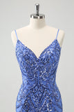Blue Spaghetti Straps Backless Tight Cocktail Dress with Sequins