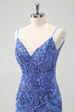 Blue Spaghetti Straps Backless Tight Cocktail Dress with Sequins