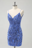 Blue Spaghetti Straps Backless Tight Cocktail Dress with Sequins