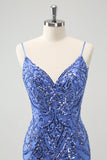 Blue Spaghetti Straps Backless Tight Cocktail Dress with Sequins