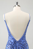 Blue Spaghetti Straps Backless Tight Cocktail Dress with Sequins
