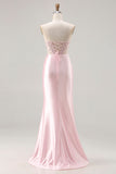Sparkly Pink Satin Beaded Mermaid Long Corset Prom Dress with Slit