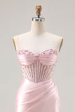 Sparkly Pink Satin Beaded Mermaid Long Corset Prom Dress with Slit