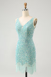 Sparkly Sage Bodycon V Neck Sequin Short Prom Dress with Tassel
