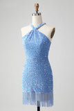 Sparkly Lilac Bodycon Halter Tassel Short Prom Dress with Sequins
