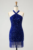 Sparkly Lilac Bodycon Halter Tassel Short Prom Dress with Sequins
