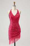 Sparkly Fuchsia Sequins Halter Short Bodycon Prom Dress with Tassels
