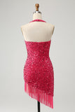 Sparkly Fuchsia Sequins Halter Short Bodycon Prom Dress with Tassels
