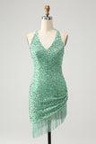Sparkly Fuchsia Sequins Halter Short Bodycon Prom Dress with Tassels