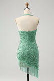Sparkly Fuchsia Sequins Halter Short Bodycon Prom Dress with Tassels