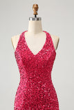 Sparkly Fuchsia Sequins Halter Short Bodycon Prom Dress with Tassels
