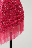 Sparkly Fuchsia Sequins Halter Short Bodycon Prom Dress with Tassels