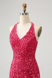 Sparkly Fuchsia Sequins Halter Short Bodycon Prom Dress with Tassels