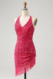 Sparkly Fuchsia Sequins Halter Short Bodycon Prom Dress with Tassels
