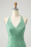 Sparkly Fuchsia Sequins Halter Short Bodycon Prom Dress with Tassels
